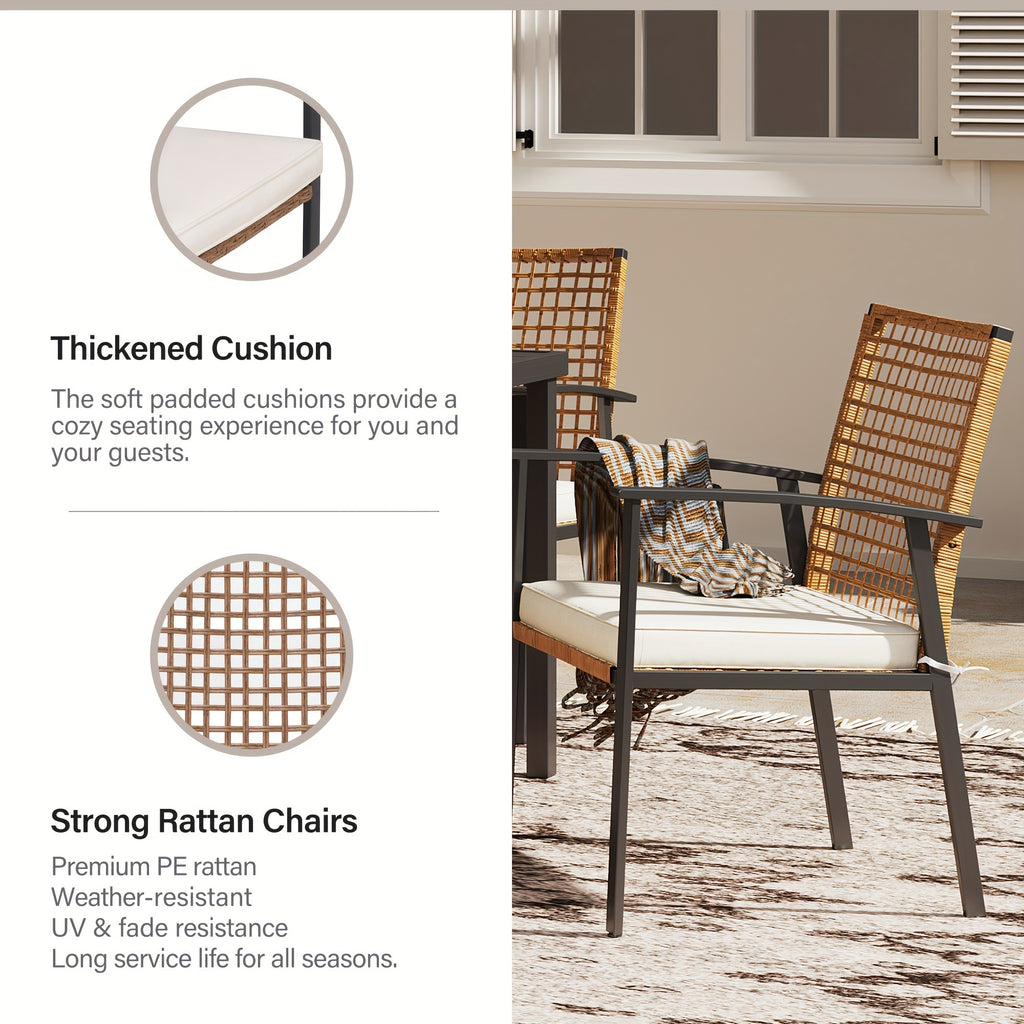 LAUSAINT HOME 5 Pieces Outdoor Patio Dining Set, Wicker Patio Furniture Set of 4 Chairs with Soft Cushion and Square Table with Umbrella Hole, Conversation Set for Backyard, Garden and Poolside (outdoor only)