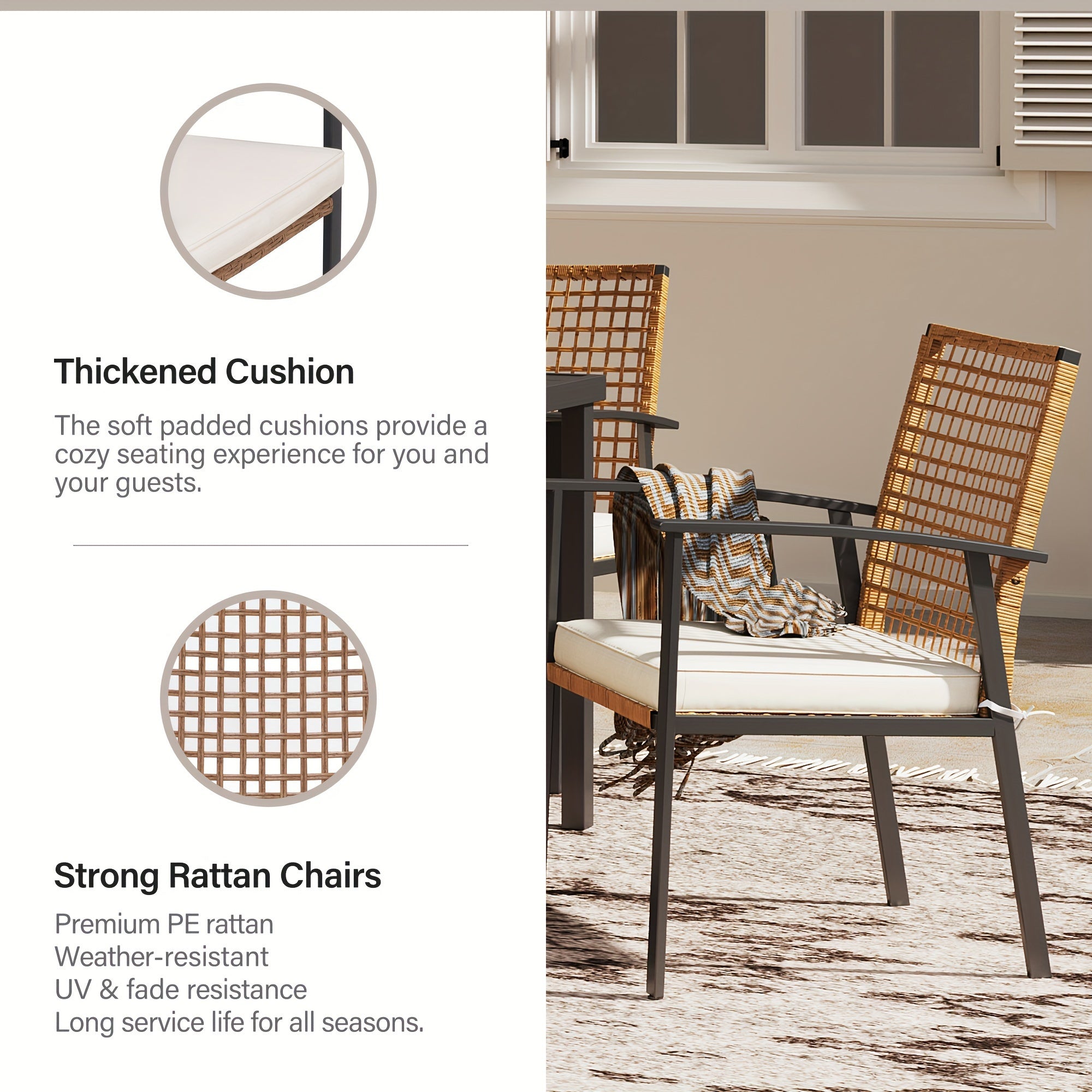 LAUSAINT HOME 5 Pieces Outdoor Patio Dining Set, Wicker Patio Furniture Set of 4 Chairs with Soft Cushion and Square Table with Umbrella Hole, Conversation Set for Backyard, Garden and Poolside (outdoor only)