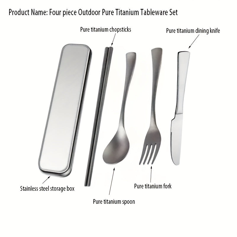 4pcs Pure Titanium Outdoor Tableware Set - Portable Camping Spoons, Forks, Chopsticks with Storage Box, Polished Finish for Hiking, Picnics, and Camping Trips, Camping Accessories